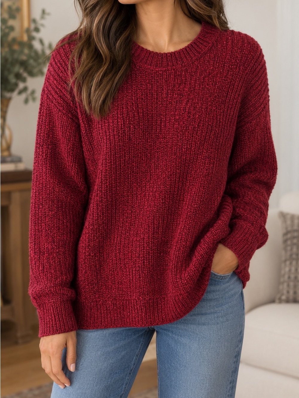 Athleta Sierra Crew Neck Sweater Red Black Marled Chunky XL